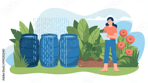 Woman collecting rainwater in barrel for gardening and irrigation on a sunny day with flowers and plants