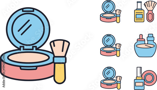 A collection of cartoon-style makeup and cosmetic items including compact powder, brushes, nail polish, and perfume bottles on a white background.