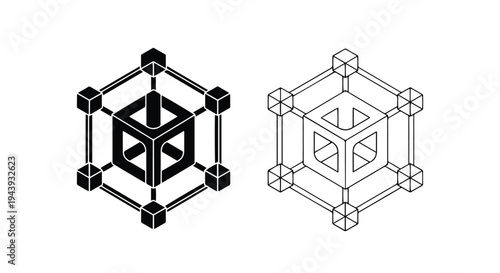 Modern 3D Cube Icon Set with Penetration Effect - Line and glyph icon set - Minimalist, flat icon, outline, glyph, linear, clipart, sticker - icon set