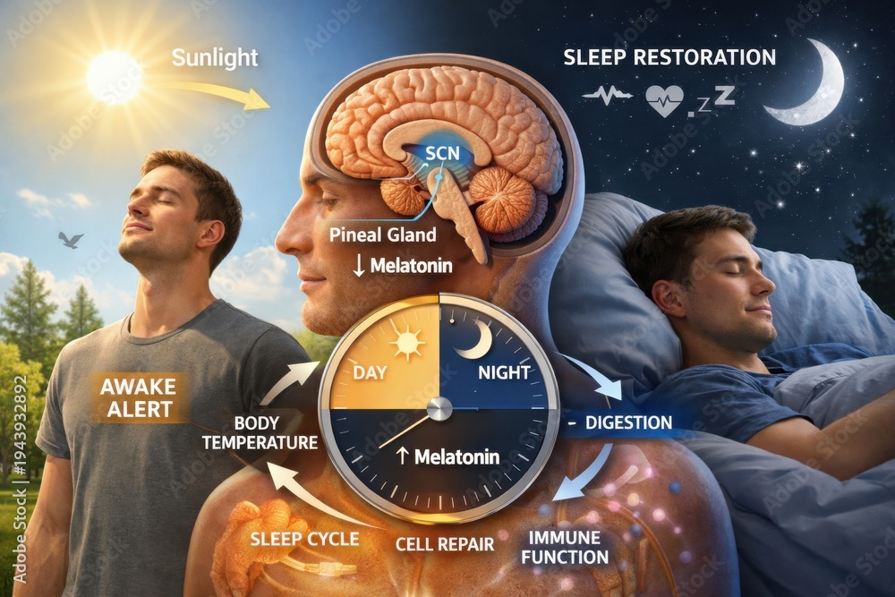 Obraz premium Circadian rhythm concept showing brain melatonin cycle and sleep stages