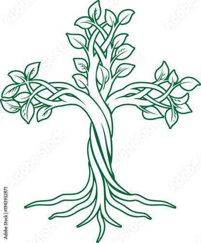 Illustration of a tree forming a Christian cross icon symbol. Represents Christian religious faith growth with strong roots.