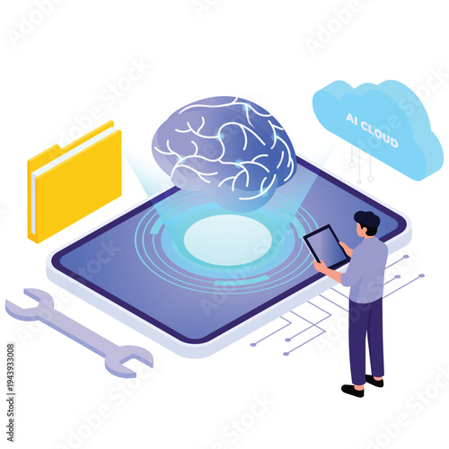 AI Isometrik Illustration. Vector illustration of Digital brain connected to cloud computing platform while a user analyzes data on a tablet, representing AI cloud technology. Isolated on background