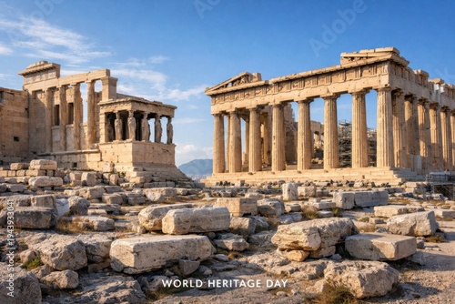 Ancient Greek temple ruins on Acropolis for World Heritage Day