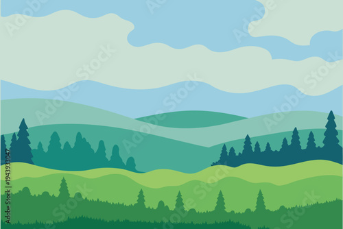 Layered Green Hills Landscape with Evergreen Trees and SkyFlat Design Stock