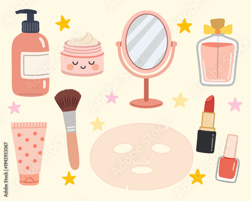 Beauty Skincare Elements Collection with Makeup Cosmetics in Cute Flat Vector Style