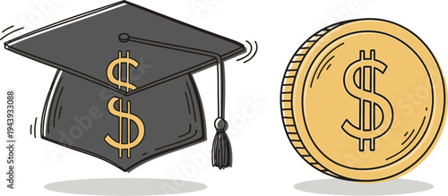 Graduation cap with dollar signs next to a gold coin, symbolizing the cost of education or student debt.