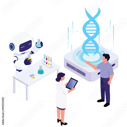 AI Isometrik Illustration. Vector illustration of Artificial intelligence robot analyzing chemical experiments and DNA structure with scientists in a biotechnology laboratory. Isolated on background