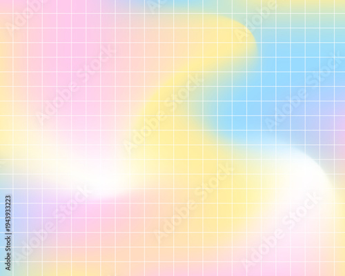 パステルカラーのオーロラグラデーションと白のグリッドラインが特徴的な背景素材。ピンク、イエロー、ブルーが混ざり合う幻想的なメッシュグラデーション。Y2Kファッション、レトロモダン、SNS投稿、バナー、ウェブサイト、プレゼン資料のバックグラウンドに最適なベクターイラスト。