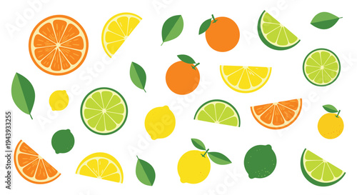 Vibrant citrus fruits and leaves on white background for fresh design