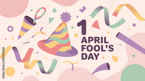 Colorful april fools' day celebration with party hat and confetti on light background