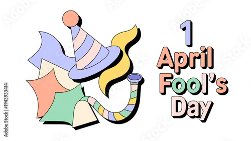 Colorful april fool's day illustration with jester hat and party elements on white background