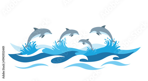 Dolphins jumping out of ocean waves in playful motion