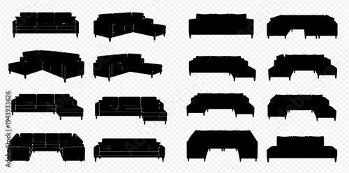 Collection of various sofa and couch silhouettes, including sectional and chaise lounge designs, perfect for interior design and furniture concepts.