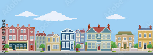 House Victorian building scene old English houses and buildings along city street. Georgian mansion and manor style homes in a vintage architectural row classic British facade illustration background