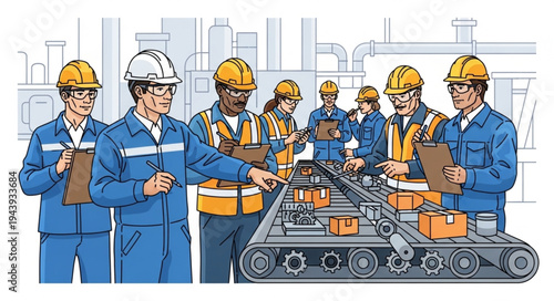 Industrial workers in factory setting.