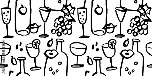 Hand drawn doodle wine seamless pattern. Vintage crayon background. Vector sketch isolated  illustration