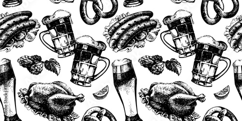 Oktoberfest vintage seamless pattern. Retro sketch beer background. Hand drawn isolated vector illustration