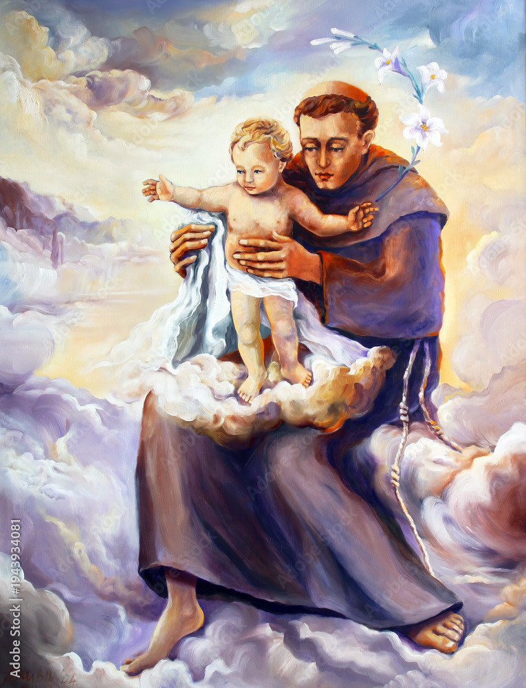 Obraz premium Saint Anthony holds baby Jesus, painting in the parish church of the Exaltation of the Holy Cross in Kerestinec, Croatia