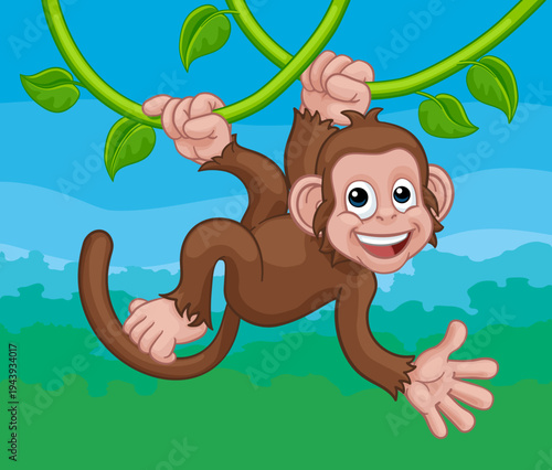 A monkey cartoon character singing on jungle vines and waving