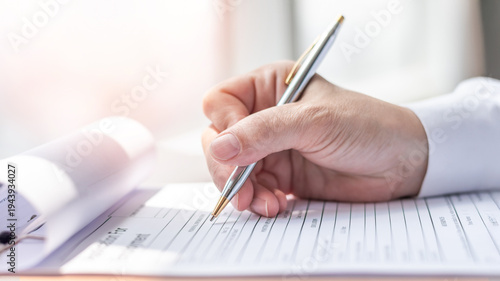 Business application form registration with applicant filling in company document, filing personal profile applying for job, employment opportunity, administrative office career on computer work desk