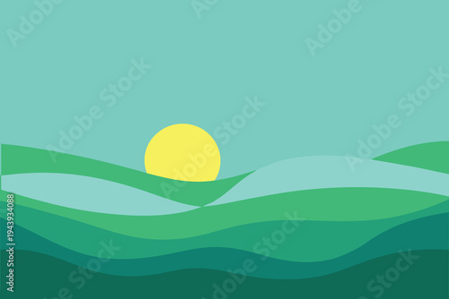 Minimalist Sunrise Over Rolling Green Hills Flat Design Abstract Landscape Background