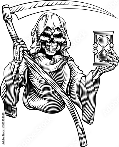 The grim reaper or death holding an hourglass and scythe in a vintage retro woodcut style
