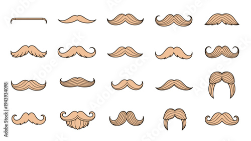 Assorted styles of brown mustaches in a grid layout for masculine grooming and barbershop character design icons on white background.