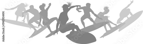 Surfer surfboard boarding male and female surfers surfing silhouette outlines. Men and women surf group design concept.