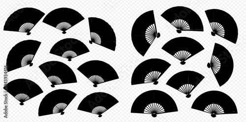 Collection of black hand fans on a transparent background, showcasing traditional design and elegant simplicity.