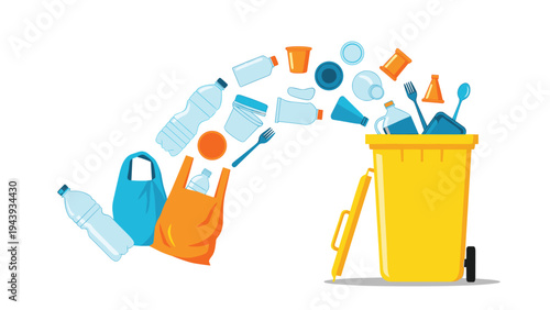 Illustration of various plastic waste items like bottles and bags flying into a yellow recycling bin to promote environmental awareness.