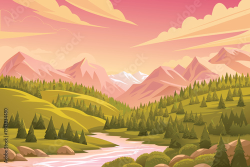 Mountain Valley River Landscape at Sunset with Pink Clouds Green Hills and Pine Trees Stock Illustration