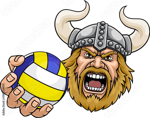 A Viking man holding Volleyball ball sports team cartoon charcater mascot illustration.