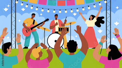 People enjoy live music festival with band performing on outdoor stage under colorful lights and flags