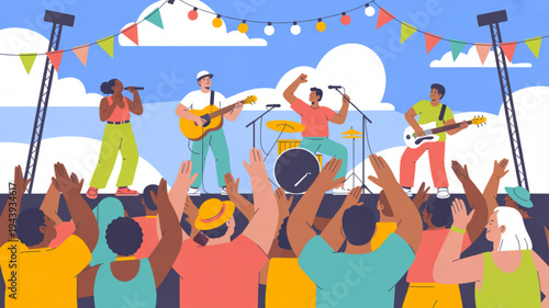 Music festival with live band performing on stage and crowd cheering colorful outdoor event with flags and blue sky