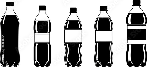 Five black and white silhouettes of various plastic soda bottles with caps and labels, arranged in a row against a white background.