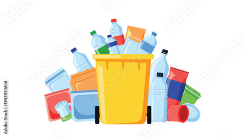 Yellow recycling bin overflowing with various plastic bottles and containers representing the global waste problem and environmental impact.
