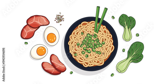 Delicious bowl of noodles with vegetables and meat for a tasty meal