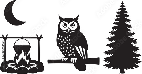 Owl Sitting on Branch Under Moonlight with Campfire Nearby Silhouette
