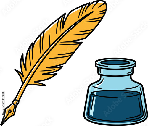 A classic golden quill pen and a blue inkwell filled with dark ink, symbolizing traditional writing.