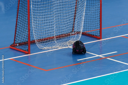 floorball goal and goalkeeper helmet