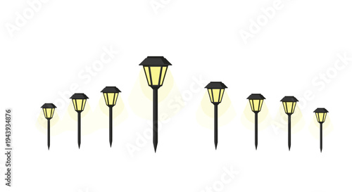 Modern solar powered street lamps in a row with warm glowing light