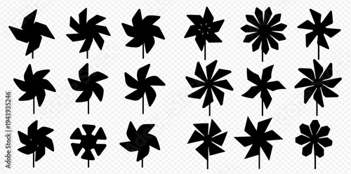 Collection of black pinwheel silhouettes in various shapes and sizes, perfect for design elements and playful graphics.