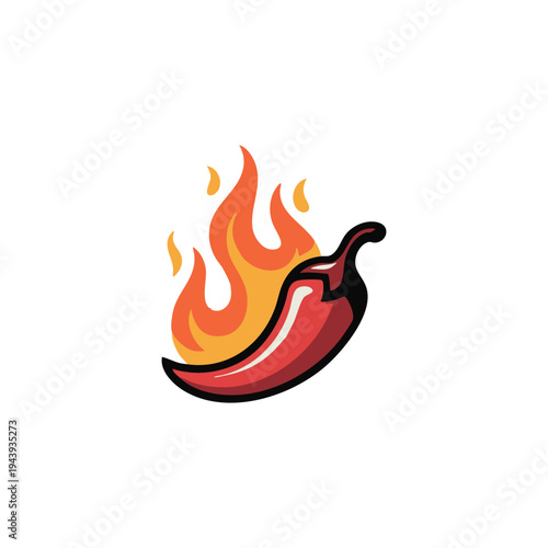A cartoon red chili pepper with vibrant flames rising from it