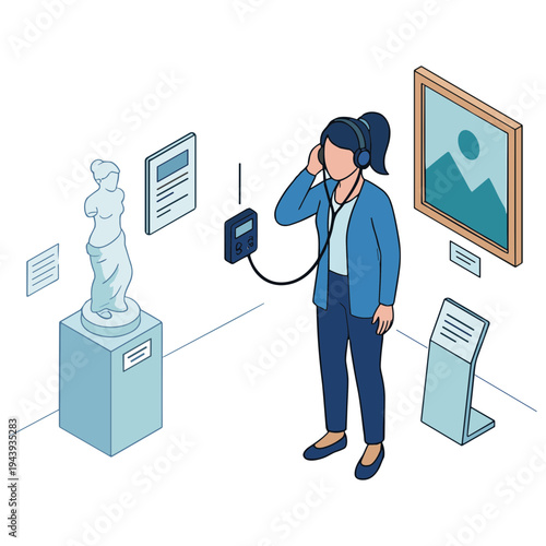 A woman interacts with artwork and exhibits in a museum or gallery