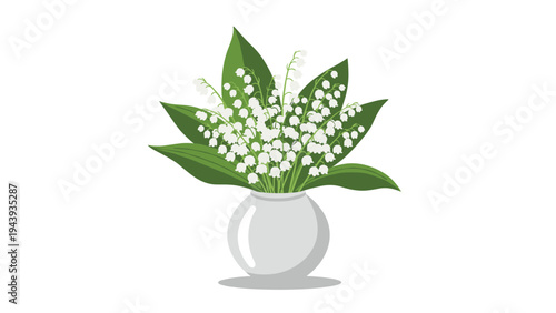 Elegant bouquet of lily of the valley flowers in a round white vase representing spring nature and delicate floral arrangement.