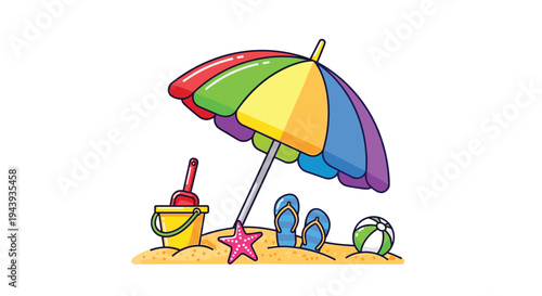Colorful beach umbrella with sand bucket and flip flops on sunny day