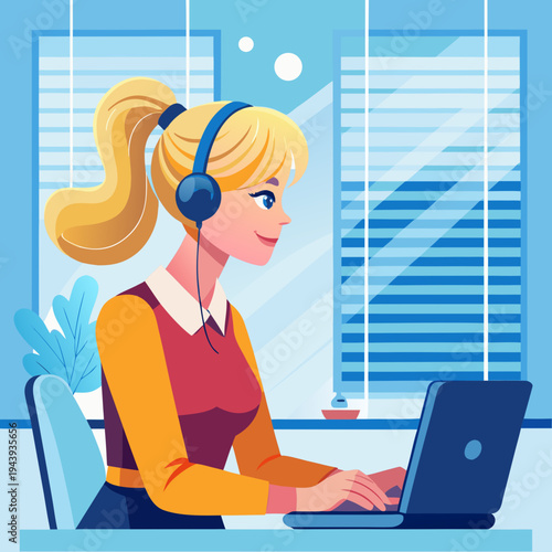 Woman wearing headphones working on laptop