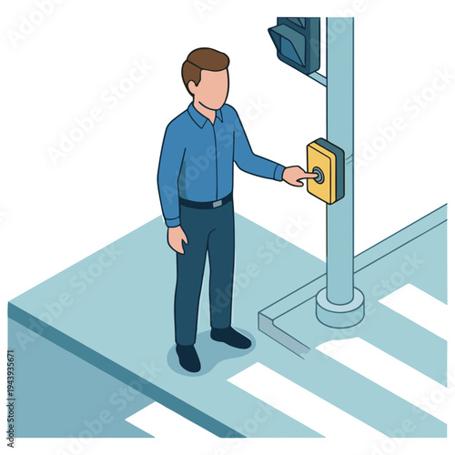 Man pressing button at crosswalk on street corner with traffic light