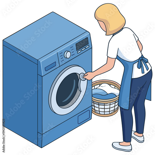 Woman loading washing machine with laundry basket indoors.