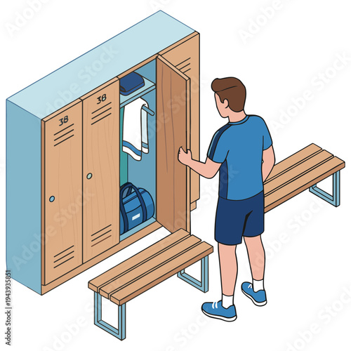 Man opens locker revealing clothes and bag on bench